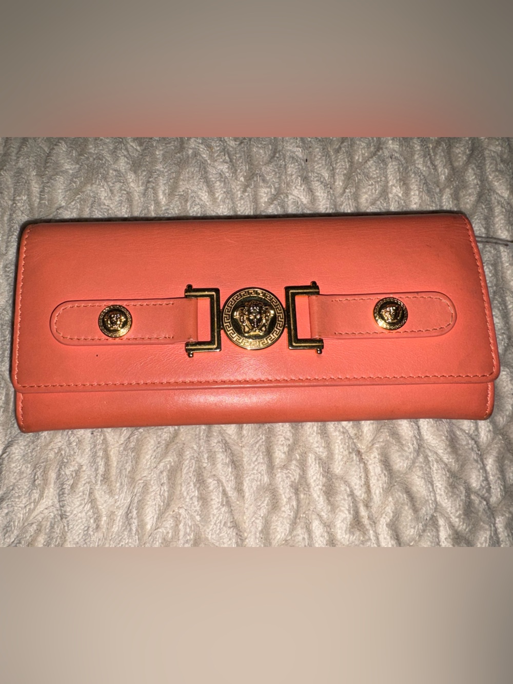 Versace Medusa Leather Continental Wallet – Coral/Salmon Pink – Made in Italy